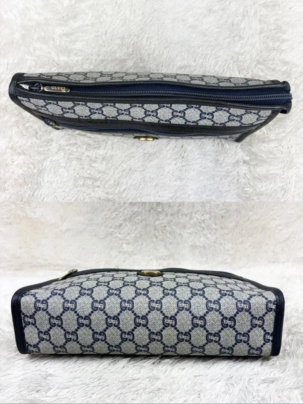 Gucci Blue and Beige Monogram Zip Clutch